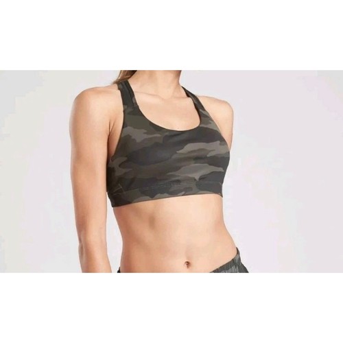 Athleta Camo Sports Bra Olive Green Black Racerback Medium Support L athleisure - Picture 1 of 6