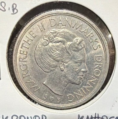 1975(h)S.B DENMARK 5 KRONOR COPPER NICKEL COIN-33MM-MARGRETHE II-KM#863.1