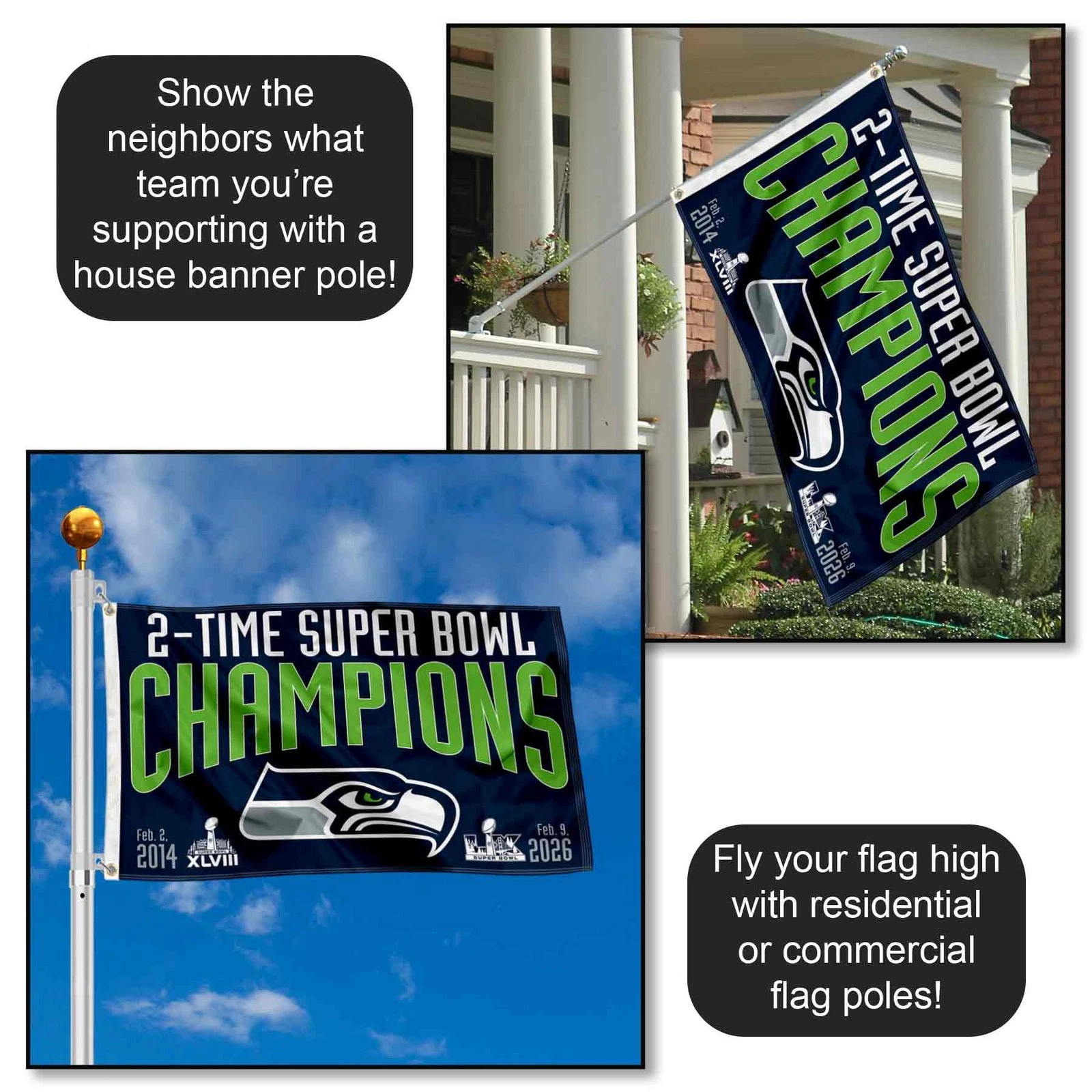 Seattle Seahawks 2 Time Super Bowl Champions Flag