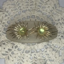 Vintage Floral Barrette Hair Clip Gold Tone Green White Plastic Metal PAT.511