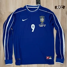 Brazil 1998 Away Blue Long Sleeve Retro Soccer Jersey Ronaldo R9
