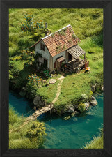 Riverside Cottage with Wooden Bridg Framed Wall Art Poster Canvas Print Picture