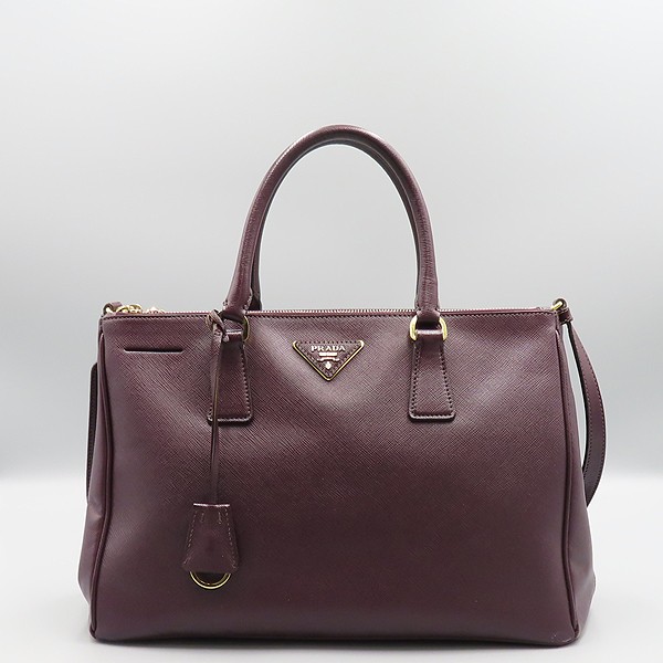 Prada Saffiano Lux Galleria Double Zipper Tote in Burgundy with Gold Logo