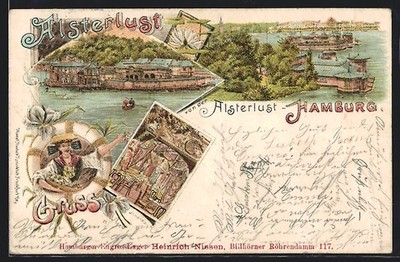 Lithographie Hamburg-St.Georg, Café Alsterlust, Innenansicht, Frau in Tracht 