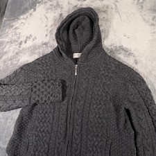 Blarney Woollen Mills Aran Sweater Womens Large Gray Merino Wool Hooded Zip