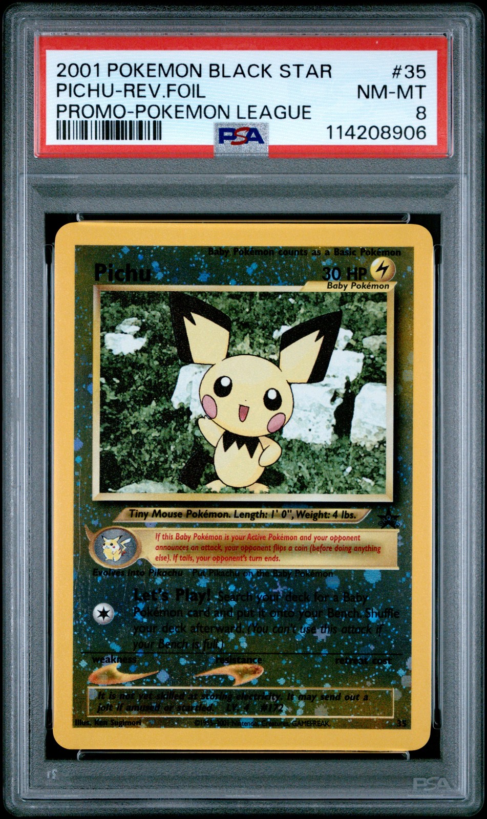 2001 POKEMON PROMO BLACK STAR POKEMON LEAGUE #35 PICHU-REVERSE FOIL PSA 8