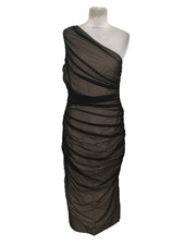 Mango Women's Dress Black Mesh Ruched One Shoulder Sleeveless Lined Midi New F1