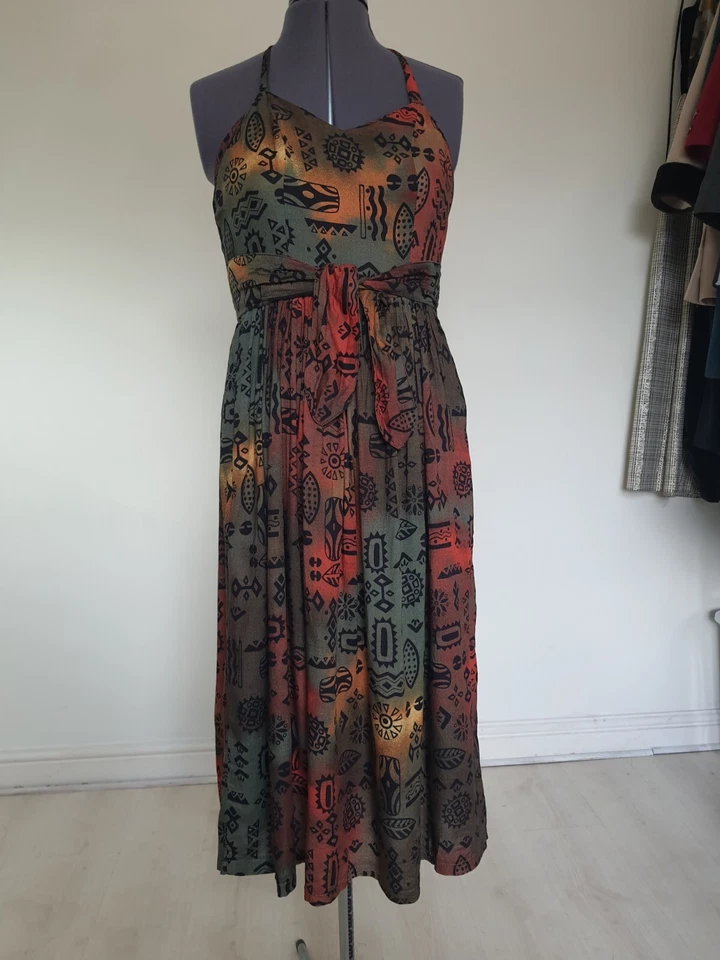 Rare Vintage 70s Mandy Marsh Geometric Aztec Summer Midi Dress Bow Tie 8 10 UK - Image 2 of 4