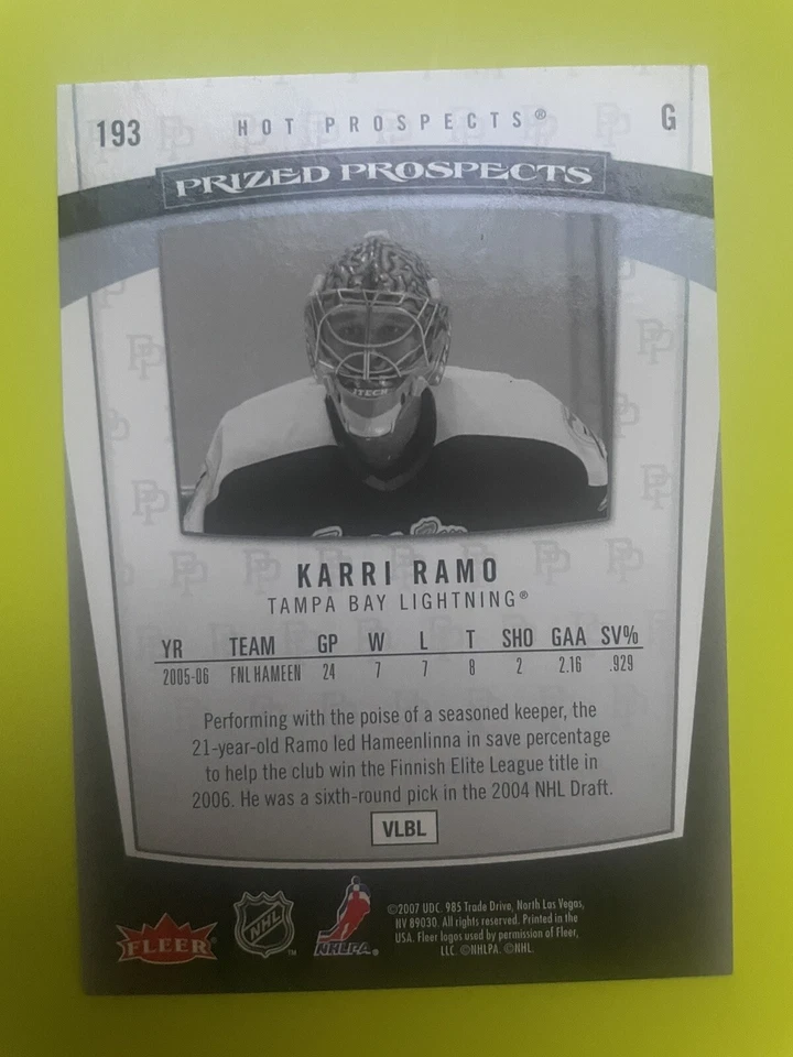 2006-07 Upper Deck Hot Prospects Kari Ramo RC Rookie /1999 Tampa Bay Lightning - Image 2 of 2