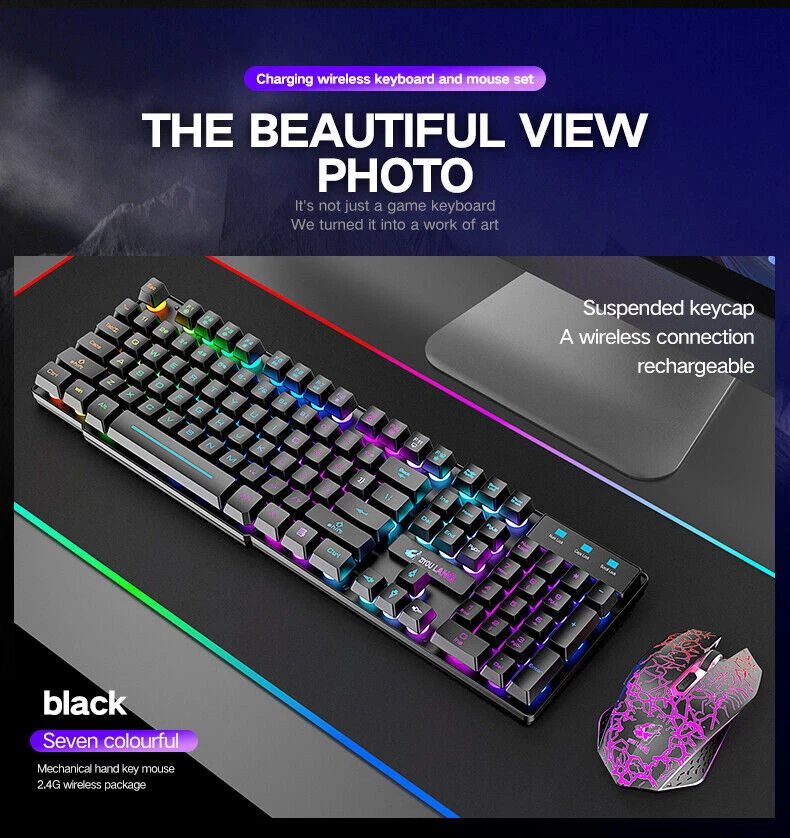 Wireless Gaming Keyboard and Mouse & Mat Combo Mechanical Feel Backlit for PC - Image 2 of 4