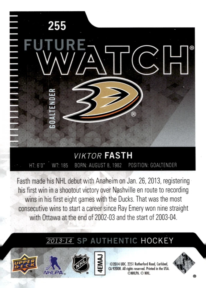 Viktor Fasth - 2013-14 SP Authentic Future Watch /1299 Rookie Card #255 - Image 2 of 2