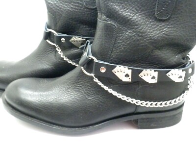 Dead Men's Hand Motorcycle Black Leather Biker Boot Straps Chain Women's 