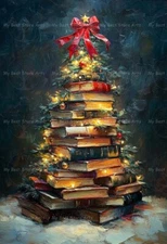 BOOK CHRISTMAS TREE ART PRINT, Library Home Decor, Holiday Painting Poster E488