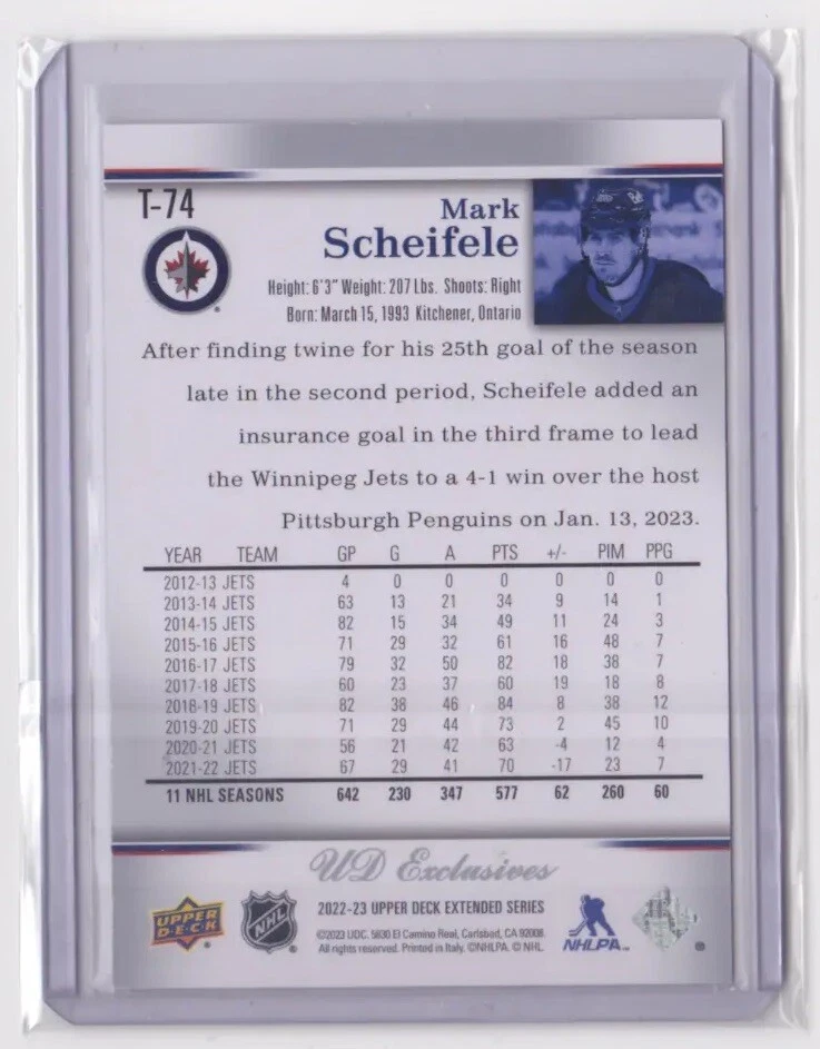 2022-23 UD EXTENDED SERIES UD EXCLUSIVES RETRO 26/100 MARK SCHEIFELE #T-74 JETS - Image 2 of 2