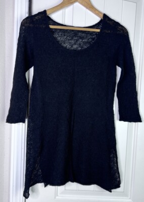 Peruvian Connection Black Scoop Neck Baby Alpaca Crochet Open Knit Sweater Sz XS