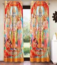 New 2 Pieces Shree Ram Mandir Family Eyelet Polyester Door Curtains Set - 7 ft