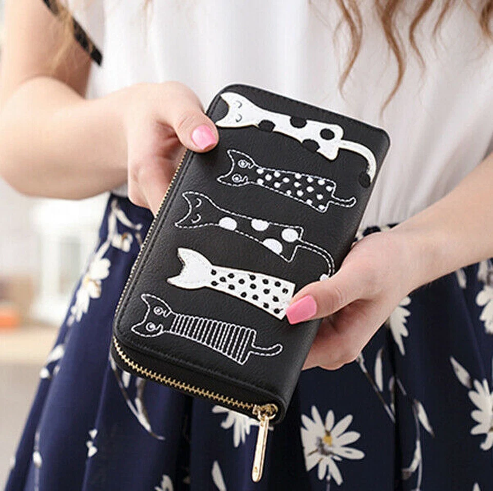 Mujeres Cartera de Cuero Lindo Patrón de Gato Portatarjetas Monedas Cremallera Cartera Bolso de Mano Largo Foto 3 de 4
