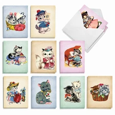 20 Assorted Birthday Notes w/ Envelopes (10 Designs, 2 Each) Vintage Cats