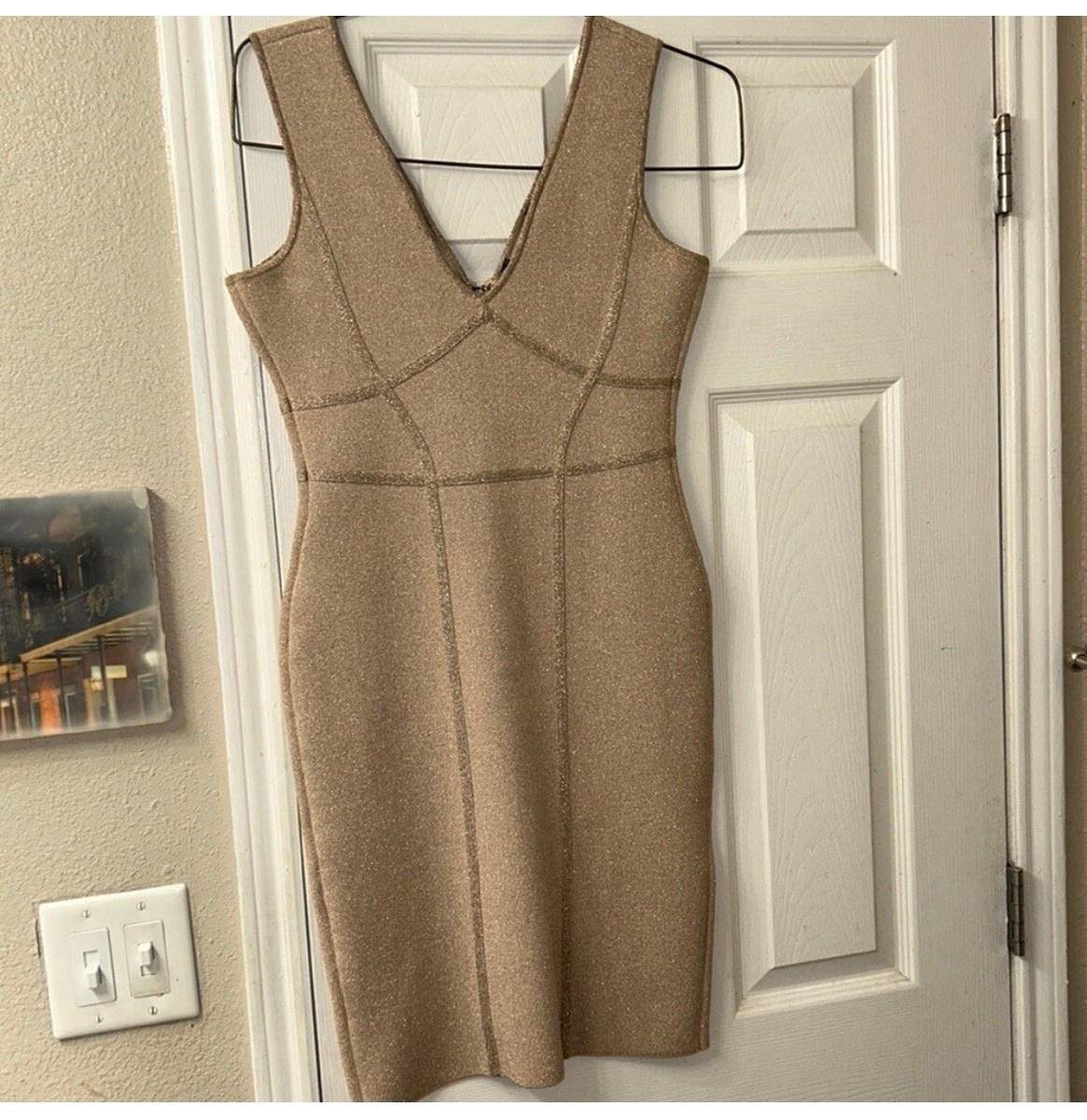 BCBGMaxAzria gold / cream sparkling glitter fitted bandage bodycon dress