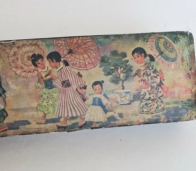 Vintage Hinged Black Lacquer Wooden Pencil Box With Paper Decal, Japanese Scene - Image 1 of 4