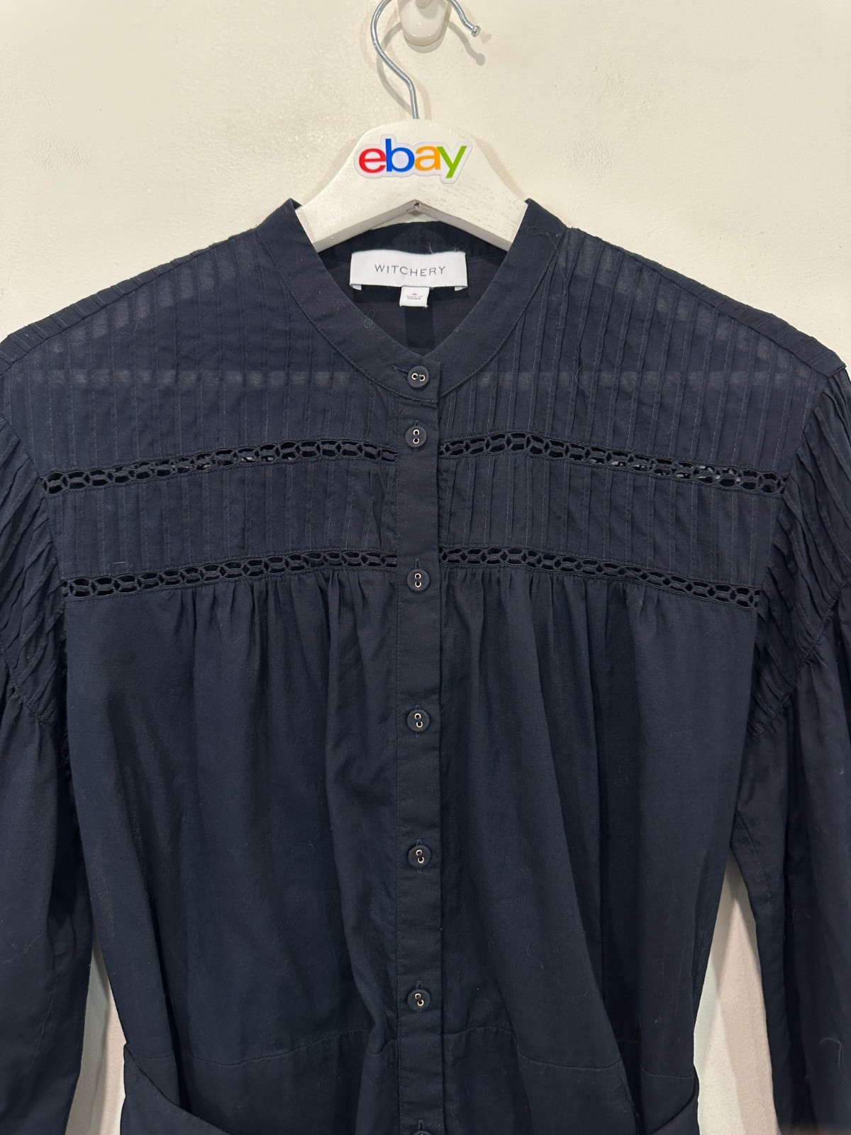 Witchery Dress Women AU 6 Black Button Up Sheer Top/Lined Bottom Belted Cotton image 7