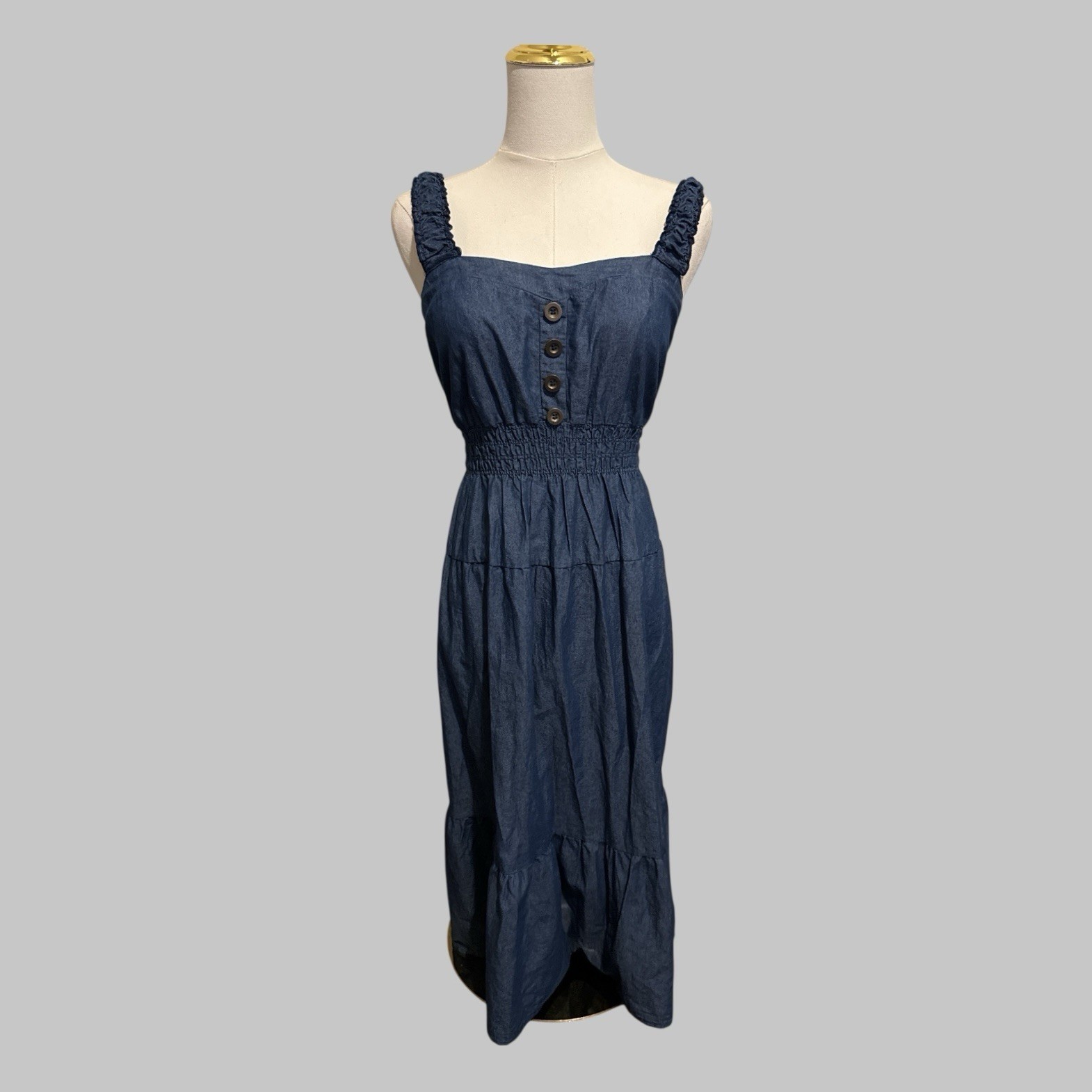 Indigo & Lace Denim Smocked Tiered Midi Sun Dress Coastal Cowgirl Western Size M