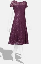 SLNY Women's Purple Sequins Lace Illusion Round-Neck Short-Sleeve Dress Size 18