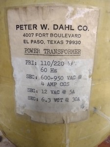 Peter W. Dahl Co Power Transformer 110/220 60Hz Primary, 600-950 VAC @ 4amp CCS 