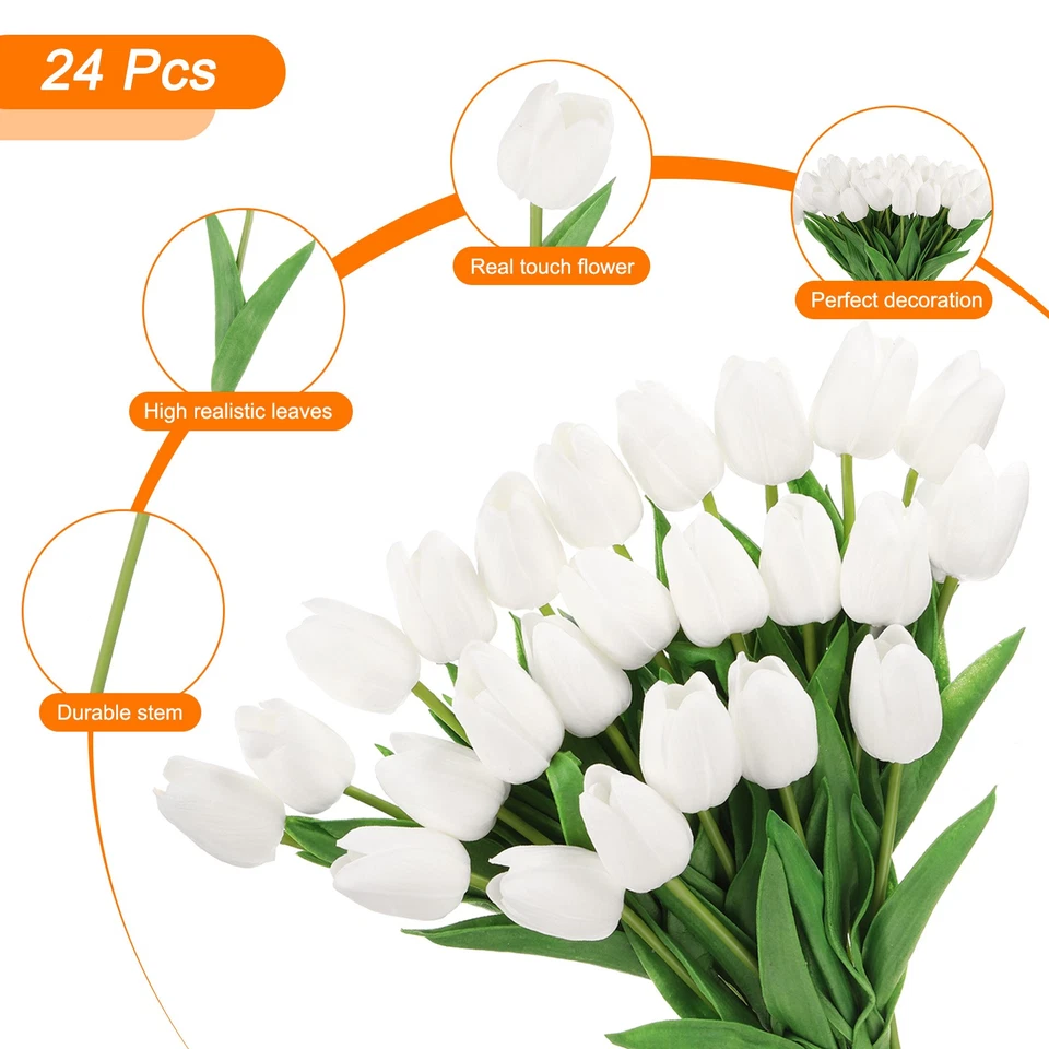 24Pcs Fake Tulips Artificial Flowers PU Artificial Tulips with Stems White - Image 3 of 4