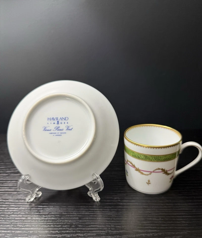 Taza y platillo Haviland Limoges Vieux Paris verde Demitasse ~ Hecho en Francia Foto 4 de 4
