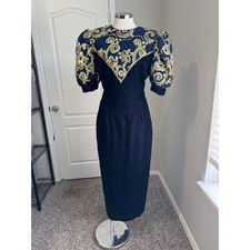 Jessica McClintock Velvet Dress Gold Embellished Puff Sleeve Vintage Size 14