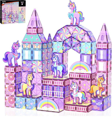 GobiDex Build Your Magical Kingdom Unicorn Magnetic Tiles Set 100pc + 6 Figures