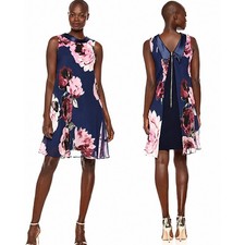 SL Fashions Navy Pink Floral Chiffon Overlay Back Pointed Collar Midi Dress 6