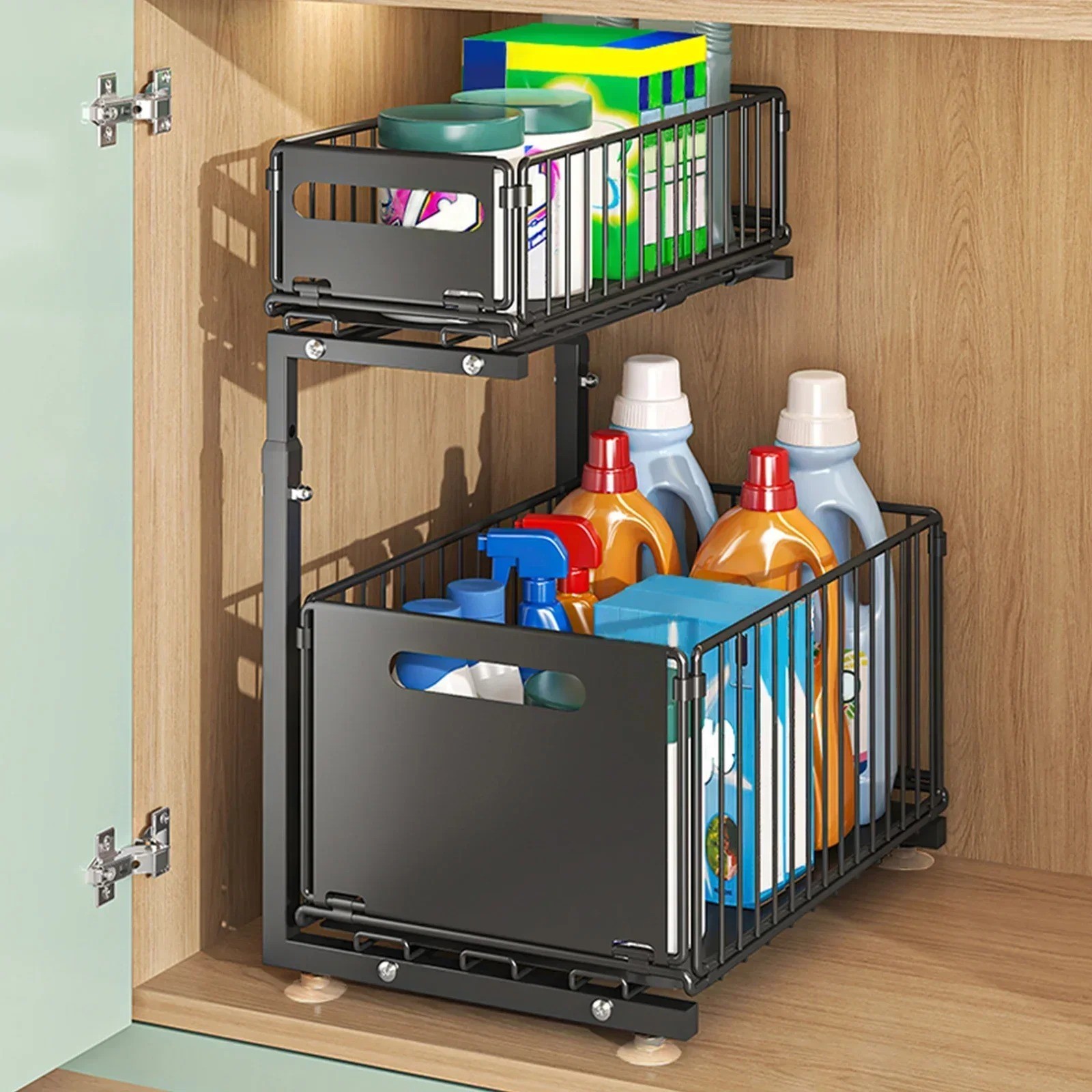 2-Tier Under-Sink Sliding Storage Organizer – Adjustable Cabinet Pull-Out Rack