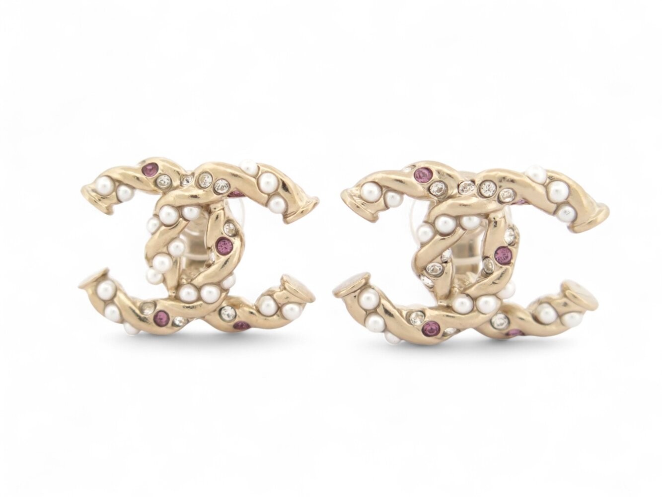 Boucles d'oreilles Chanel CC en perles et strass dorés pour femme