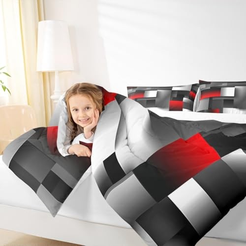  Teens Grid Square Comforter Set Size,Red White Gray Bedding Queen Black Red