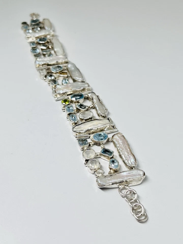 925 Sterling Silver Bracelet 8.5” Genuine Pearl Blue Topaz Peridot Quartz Gems - Image 3 of 4
