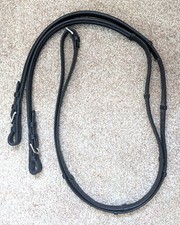 Bobby's black leather flat English reins with hand stops and center buckle 54 in
