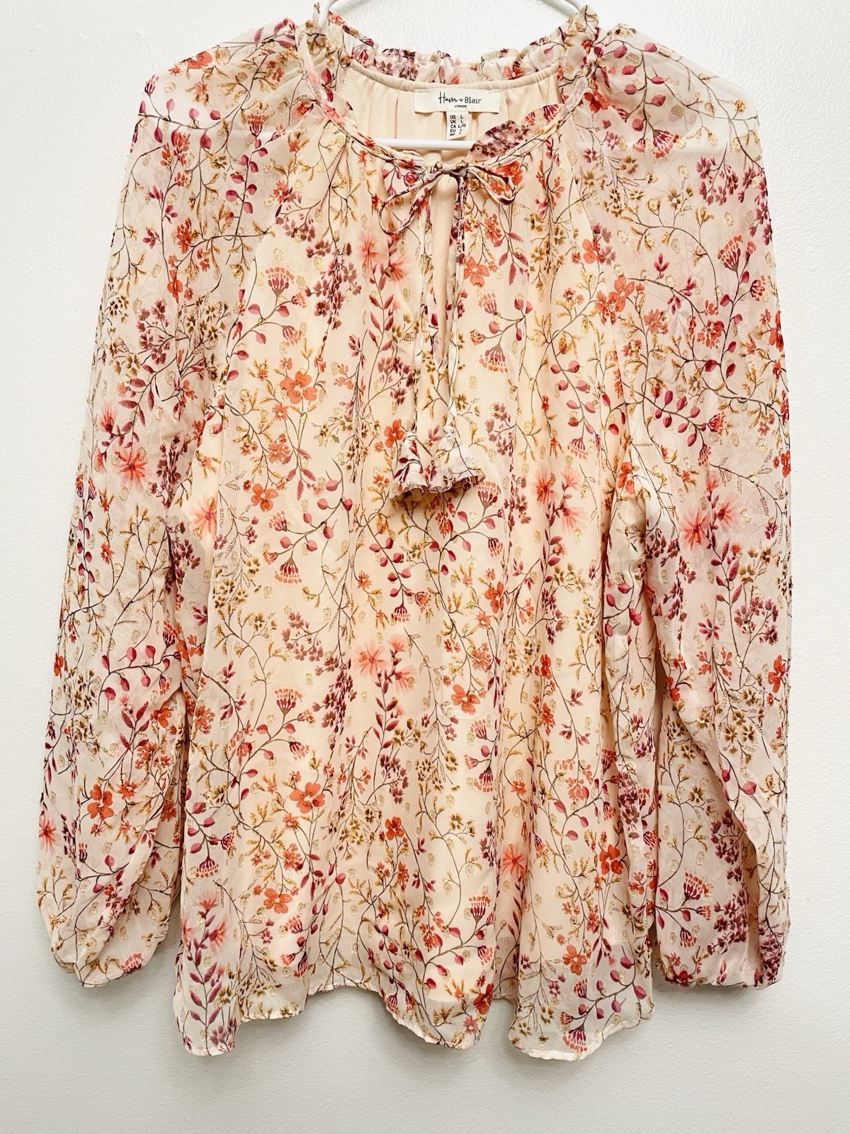 Haver & Blair Blouse Floral Print Color Pink Relaxed Tie Front Long Sleeve Sz L