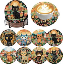 8 PCS Diamond Art Coasters Kit, Cat Diamond Painting Coasters with Holder, Arts