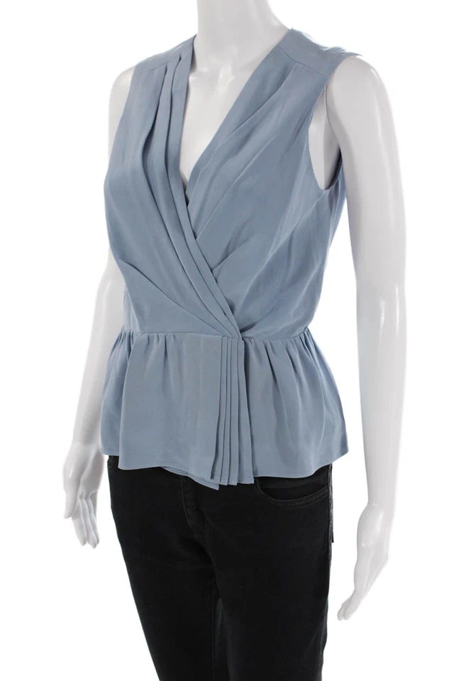 Camiseta sin mangas Erin Fetherston para mujer de seda sin mangas plisada cuello en V azul talla 4 Foto 2 de 4