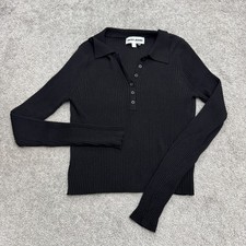 DKNY Jeans Ribbed Knit Polo Long Sleeve Henley Sweater Top Women Medium Black