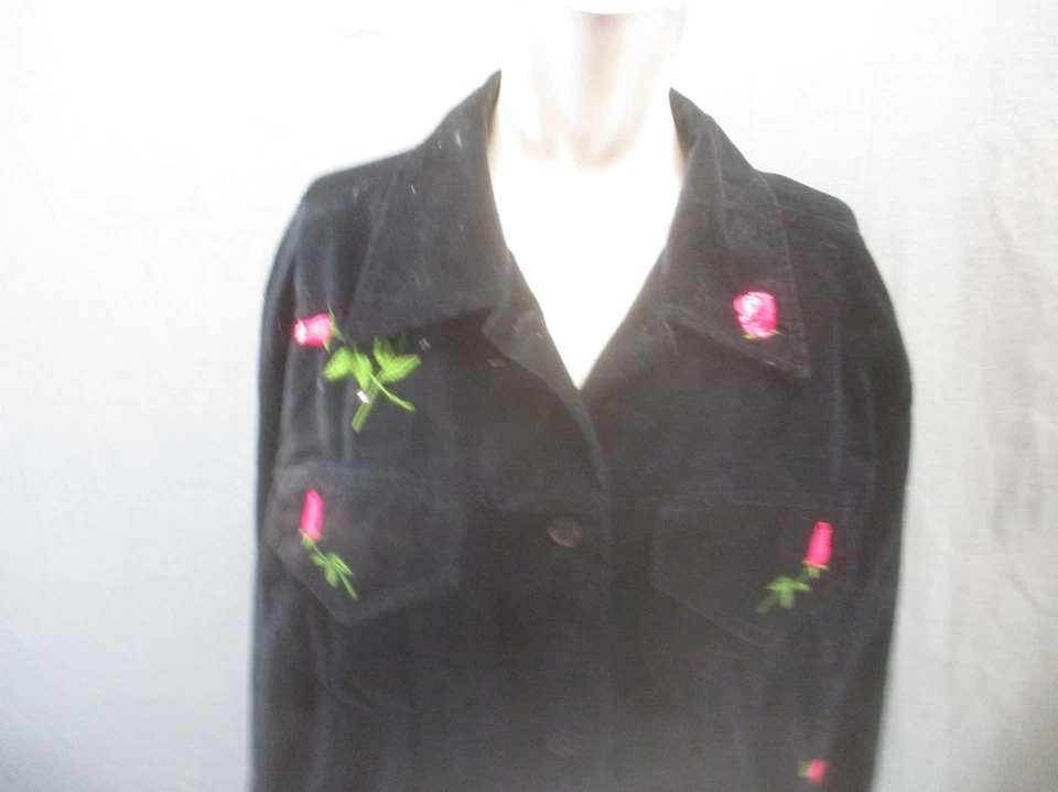 Quacker Factory Size L Womens BLK Cotton Velvet Button Up Embroidered Blazer 301 - Image 2 of 4
