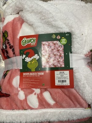 The Grinch Blanket Throw 50x60 Plush Sherpa Back Pink Holiday  NEW
