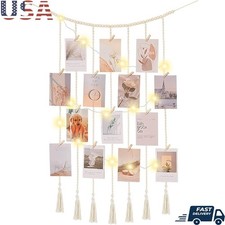 Boho Macrame Photo Collage Wall Decor W/ String Lights Memories Display New