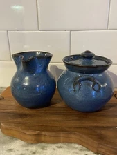 Jugtown Pottery Vernon Owens VTG 1994 Blue Sugar And Creamer Set Farmhouse