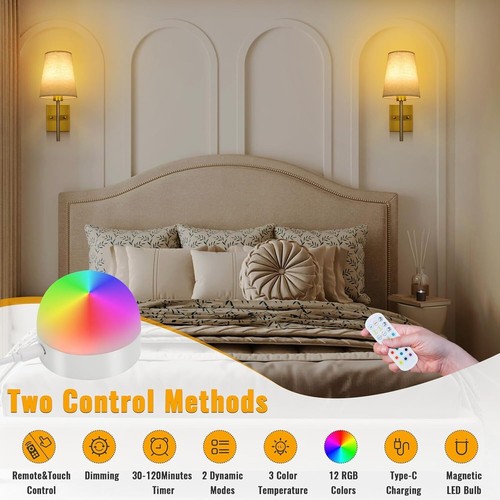 RGB Colour Battery Operated Wall Lights Rechargeable Wall Sconces Set of 2. Gold - Picture 4 of 24