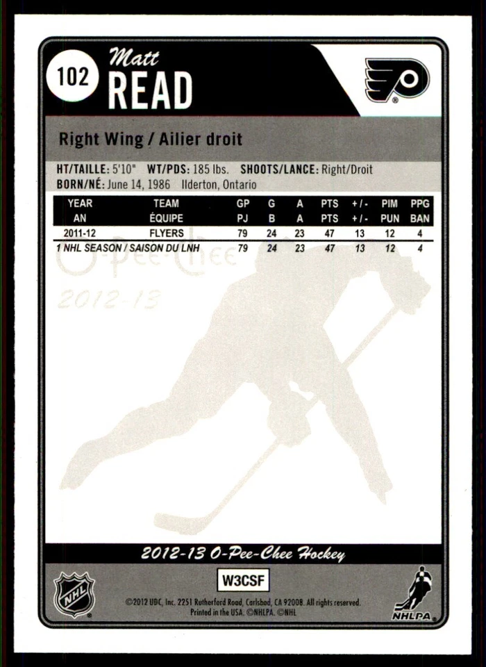 2012-13 O-Pee-Chee Rainbow Matt Read Philadelphia Flyers #102 - Image 2 of 2