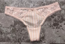 NWT BODY BY VICTORIA'S SECRET PINK WHITE STRIPE LACE BOW CHARM THONG PANTIES