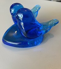 Bluebird Of Happiness Double Heart Art Glass Figurine Signed Leo Ward 1989 3x5